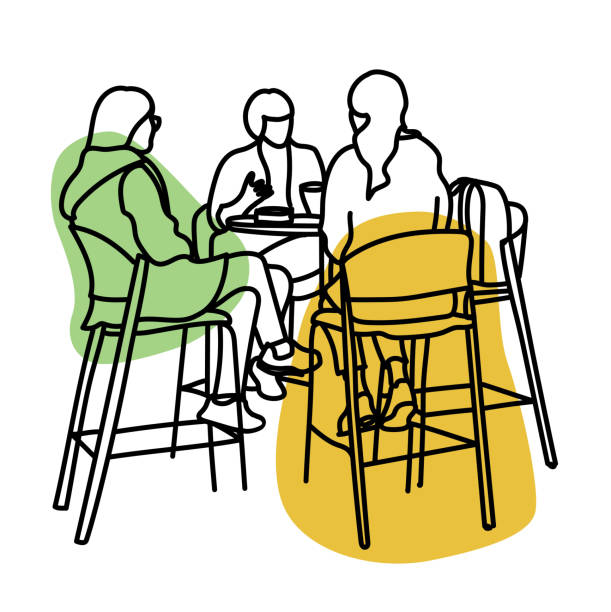 University Coffee Shop Talks Sketch Color Sage A group of university women sit at the local coffee shop deep in discussion about love, life, politics, and friendship. Hand drawn vector illustration. meeting at cafe stock illustrations