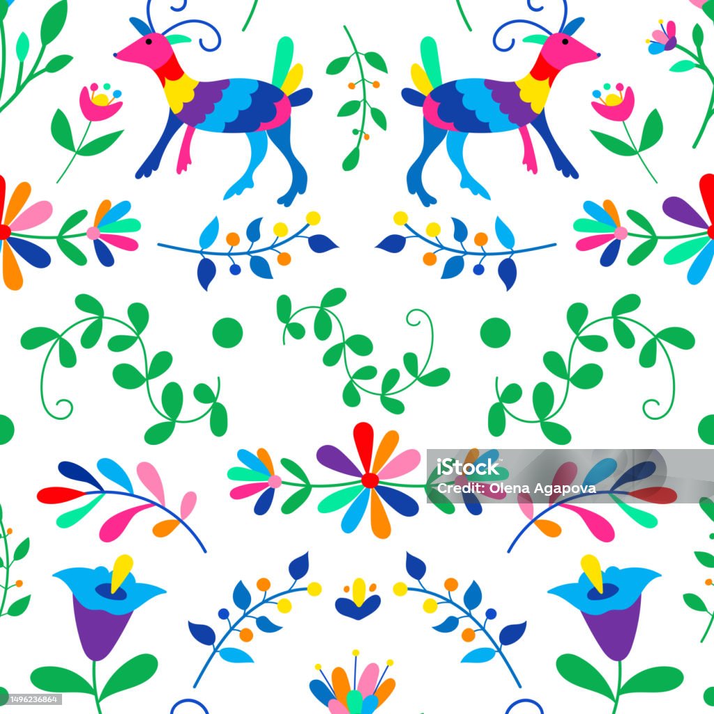 Vector Seamless Mexican Otomi Style Bright Pattern Background, Blue Vector Seamless Mexican Otomi Style Bright Pattern Background, Blue