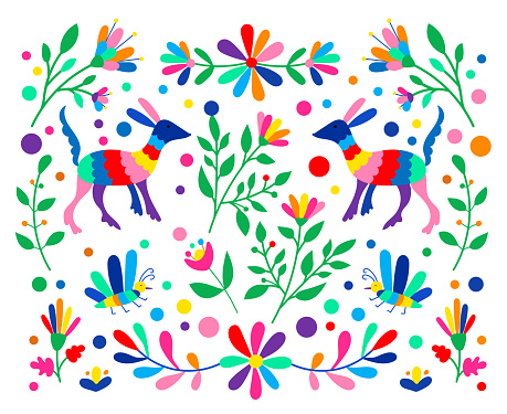 Mexican otomi embrodery ornament. Colorful Mexican Traditional Textile Embroidery Style. Folk otomi style graphic, wallpaper. Festive mexican floral motif