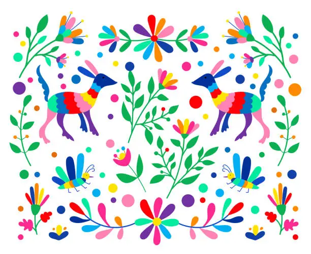 Vector illustration of Mexican otomi embrodery ornament. Colorful Mexican Traditional Textile Embroidery Style. Folk otomi style graphic, wallpaper. Festive mexican floral motif.
