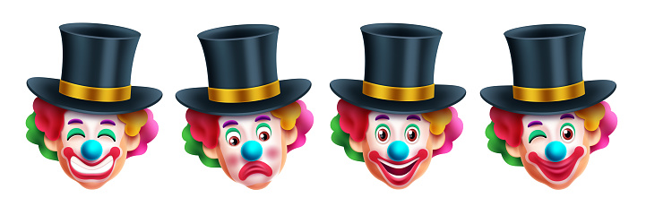 Clown magician character vector set design. Birthday magician and clown character with happy, smiling and funny collection. Vector illustration party comedian cartoon.