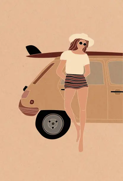 Vector illustration of A  female surfer standing by the vintage car with the retro longboard surfboard on the roof