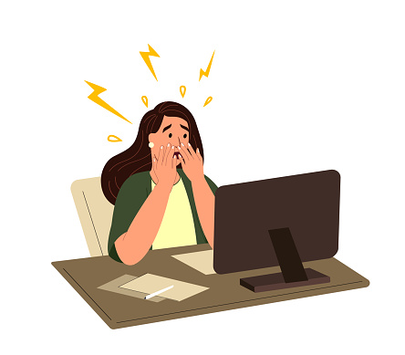 Woman Employee in stress, shock. Upset worried office worker at computer desk. Person scared with work failure, trouble, problem, mistake. Flat graphic vector illustration isolated on white background