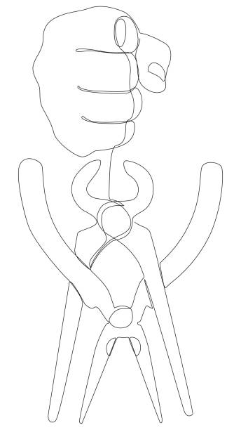 ペンチ、トングを備えた1つの連続した手のライン。オブジェクトをしっかりと保持するために使用されるハンドツール。細い線のイラストベクター画像コンセプト。輪郭描画クリエイティブ - pliers hand tool human hand work tool点のイラスト素材／クリップアート素材／マンガ素材／アイコン素材