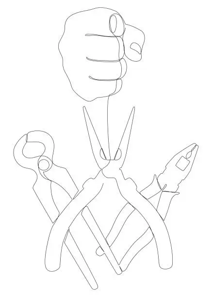 Vector illustration of One continuous line of hand with Pliers, Tongs. A hand tool used to hold objects securely. Thin Line Illustration vector concept. Contour Drawing Creative ideas.