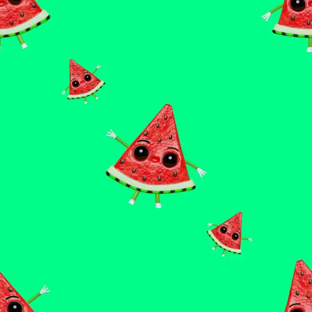 Watermelon slice creative 3D character seamless pattern fabric printing design. Summer vacation Funny fresh juicy fruits with eyes hands legs Contemporary style trendy vibrant colors Kids illustration