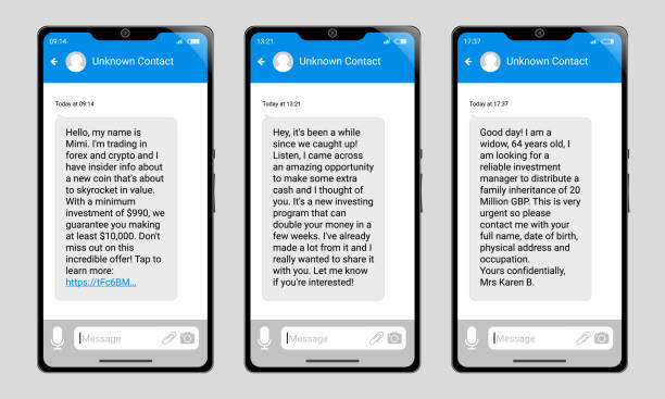 fiktive betrügerische investitionsmöglichkeit textnachrichten auf einem set von drei telefonen. - wirtschaftskriminalität stock-grafiken, -clipart, -cartoons und -symbole