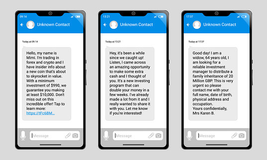 Fictitious scam investment opportunity text messages on set of three phones.