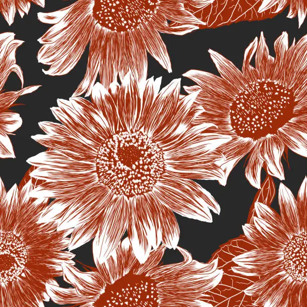 Vector illustration of Sunflower Seamless Pattern. Outline Flowers Wallpaper. Artistic Sketch Drawing Floral Illustration. Hand Drawn Beauty Plants. Vector Illustration on Black Background. For textile, fabric, design.