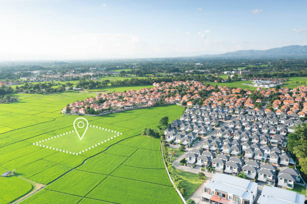 istock Land plot and identify registration symbol in aerial view. 1496249156