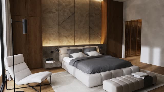 3d rendering Animation. Modern bedroom Interior design with double bed. Luxury apartment ideas.