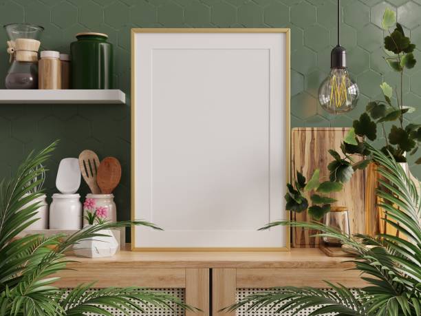 istock kitchen room ambience with a captivating mockup photo frame, elegantly mounted on a green wall. 1496261407