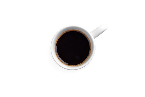 Cup of black coffee top view invisible or white background isolated
