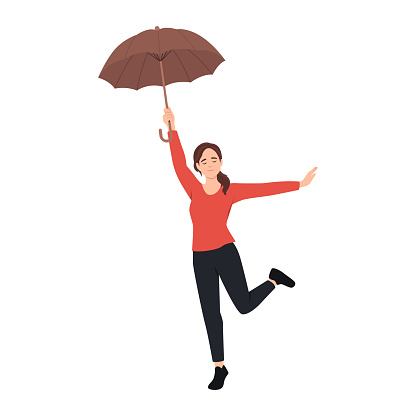 Young woman with an umbrella walks and jump happy. Flat vector illustration isolated on white background