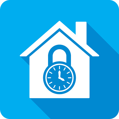 Vector illustration of a house and lock with clock icon against a blue background in flat style.