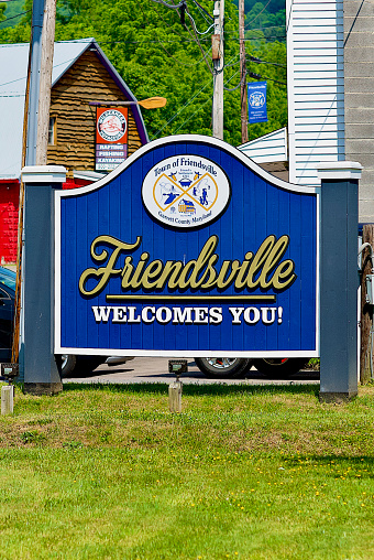 Friendsville, Maryland, USA - June 4, 2023: A sign welcomes visitors to Friendsville, located in the “Mountain Maryland” section of the state in Garrett County.