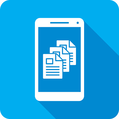 Vector illustration of a smartphone with documents icon against a blue background in flat style.