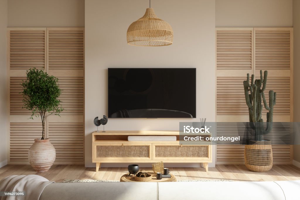 Living Room Interior With Smart Tv, Cabinet, Sofa, Cactus Plant And Coffee Table Television Set Stock Photo