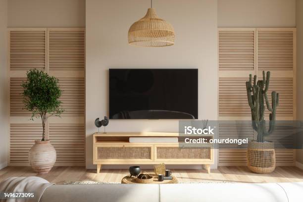 Living Room Interior With Smart Tv Cabinet Sofa Cactus Plant And Coffee Table Stock Photo - Download Image Now