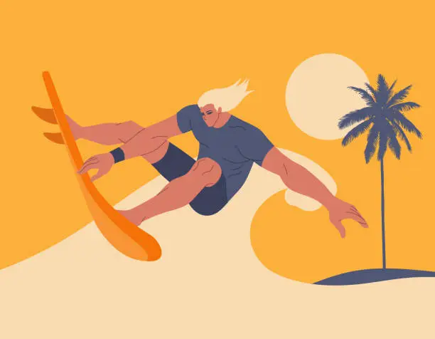 Vector illustration of Young man in swimwear surfing and big wave in sea or ocean. Happy surfers in beachwear with surfboards isolated on beach background
