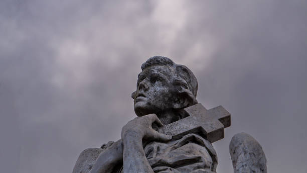 Goiania, Goias, Brazil – May 22, 2021: Image of a saint in front of the church Our Lady of the Assumption. (Igreja Nossa Senhora da Assunção)