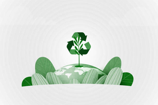 ilustrações, clipart, desenhos animados e ícones de conceito de reciclagem com planta verde e símbolo de reciclagem no fundo da terra. ecologia e meio ambiente conservação de recursos sustentáveis. ilustração vetorial. - planet map ideas growth