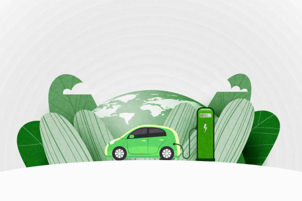 ilustraciones, imágenes clip art, dibujos animados e iconos de stock de carga de coche eléctrico verde en la estación de carga en la calle con tierra verde en el fondo. concepto de energía sostenible y energía alternativa, ilustración vectorial. - green car