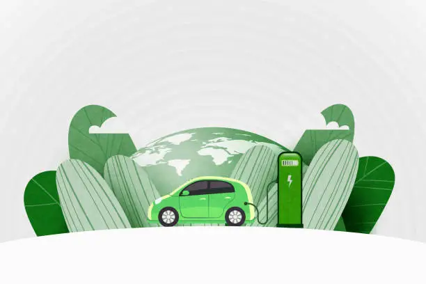 Vector illustration of Green electric car charging at the charger station on the street with green earth  in the background. Sustainable energy and Alternative Energy concept, Vector illustration.