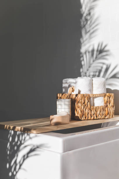 istock Bathroom domestic spa procedure body care tools arrangement minimal ecology space organization 1496276218