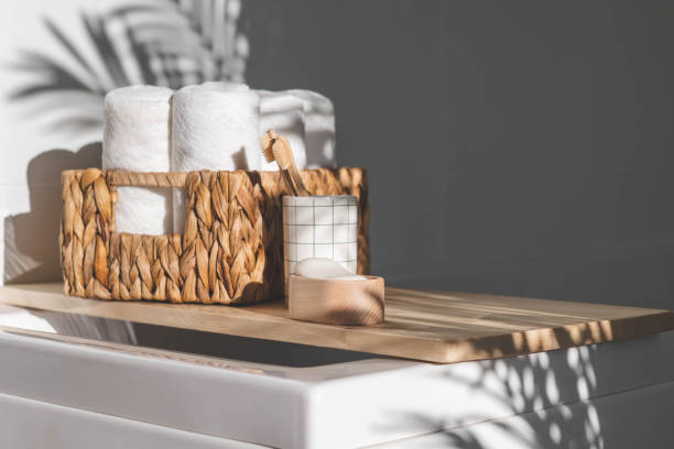 istock Bathroom domestic spa procedure body care tools arrangement minimal ecology space organization 1496276270
