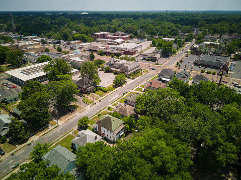 Drone view of multistory apartment buildings along Noth Main Street in Uptown Memphis, Tennessee
