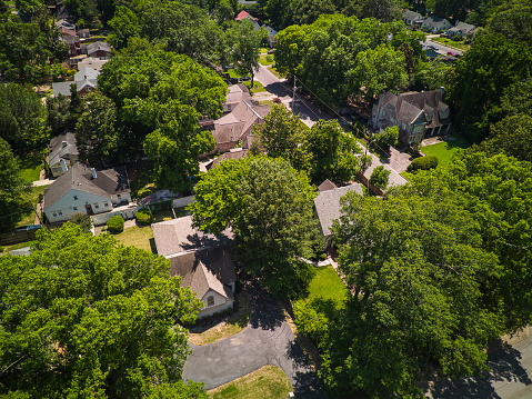 Historic residential district with tree area and detached houses, aerial view. Central Gardens, Midtown Memphis, Tennessee