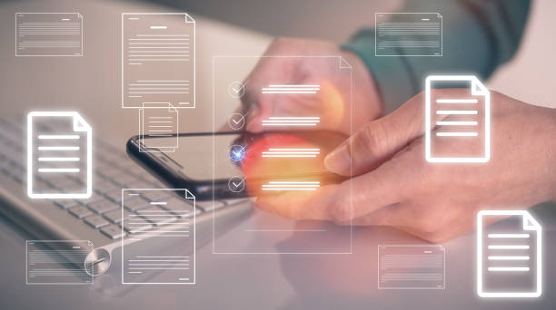 istock Document data system Report HR technology Concept, Businessman Manager typing on smartphone checking white documents reports papers of files icon in modern office, paperless documents 1496277520