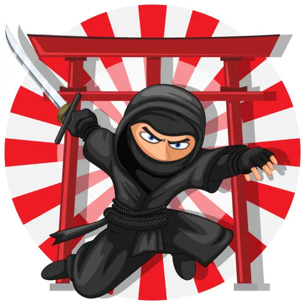 Vector illustration of Ninja Jumping and Brandishing Sword