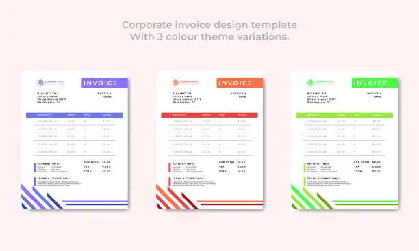 Vector illustration of Corporate invoice design template
With 3 colour theme variations.