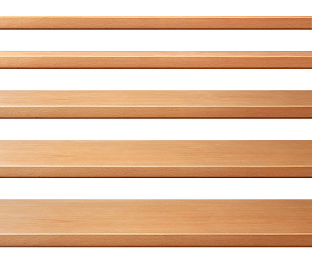 Wooden beech shelves seen in different views isolated on white background. High resolution photography.