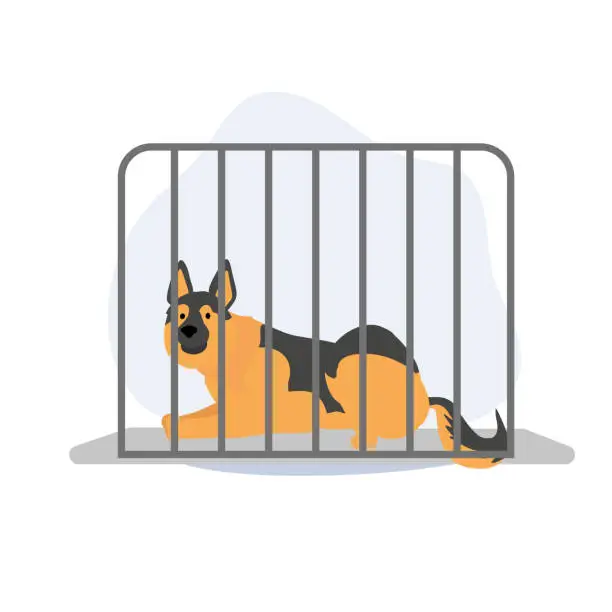 Vector illustration of a dog in the cage. Pet shop or pet rescue center, dog help adoption shelter, puppy hotel . Flat vector cartoon illustration