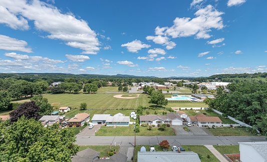 An aerial view of a rural residential area with a variety of homes in Chicopee, Massachusetts