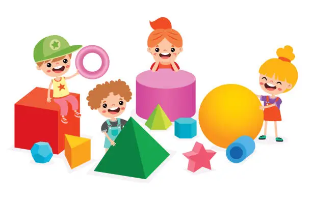 Vector illustration of Kids Playing With 3d Geometric Shapes