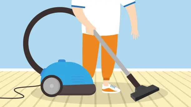 Vector illustration of a woman cleaning the floor with a vacuum cleaner.