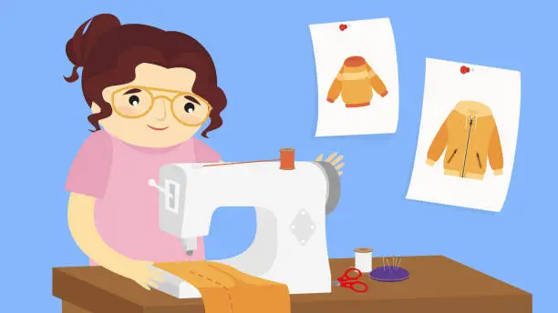 Vector illustration of Cute Girl Sewing on a Sewing Machine