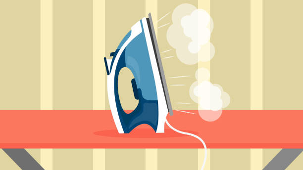Iron on the ironing board. Flat design. Iron on the ironing board. Flat design. Vector illustration. iron steam stock illustrations