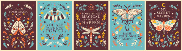 Boho botanical posters with mystery insects and positive affirmations. Witchcraft posters with inspirational slogans. Framed compositions with quotes, herbs, flowers, moth, butterflies