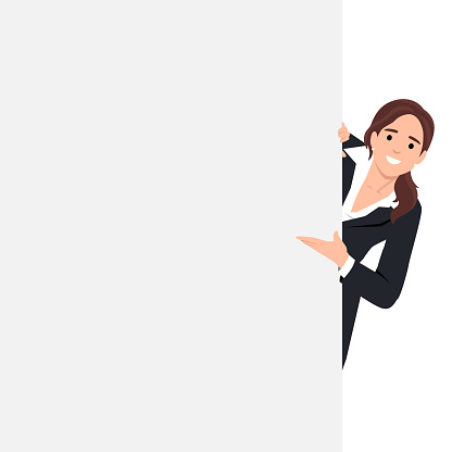 Cheerful business woman is standing behind the white blank banner and pointing down at a copy space. Flat vector illustration isolated on white background