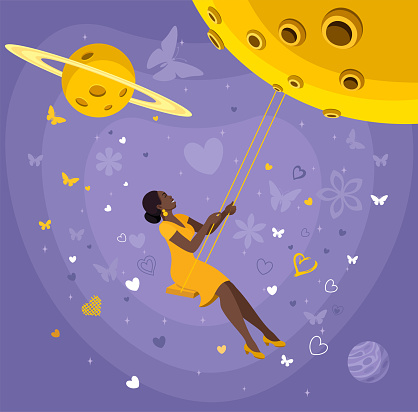 Happy African American Woman swinging on the moon. Woman sitting on swing hanging from moon at night. Woman flying in sleep amongst stars.