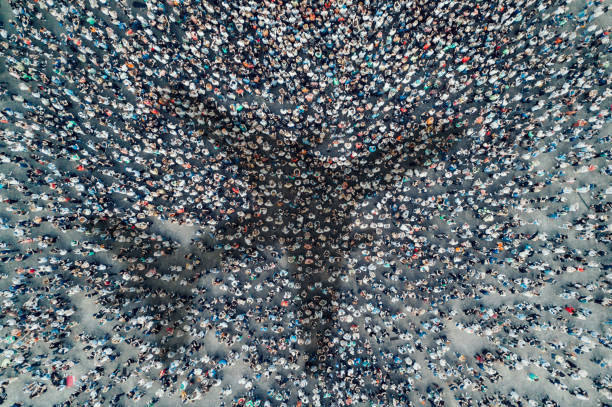 istock Aerial view of crowd with airplane shadow 1496294472