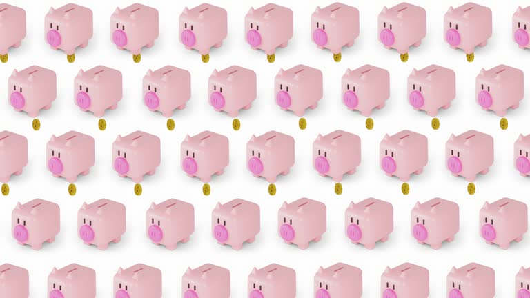 3d Animation a lot of pig piggy saving money storage bank.