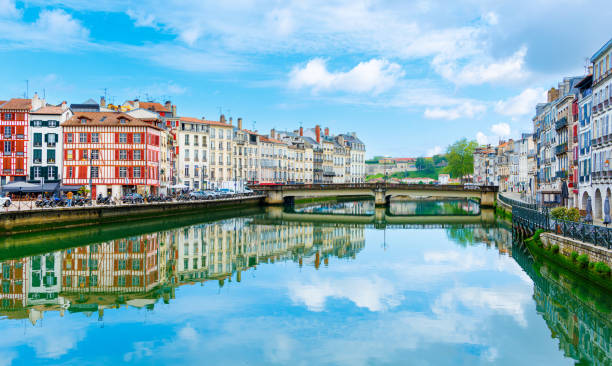 Panorama of Bayonne with bridge and colored house- Aquitaine, basque country stock photo