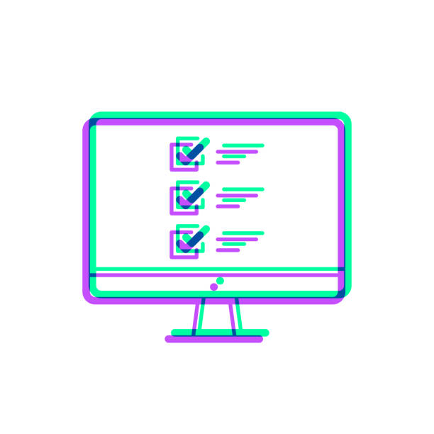 ilustrações de stock, clip art, desenhos animados e ícones de desktop computer with checklist. icon with two color overlay on white background - check mark digital composite blue computer icon