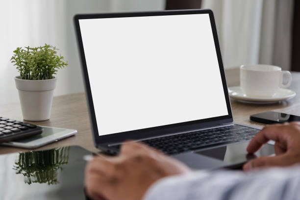 istock Laptop with blank screen on table. Workspace background new project on laptop computer with blank copy space screen for your advertising text message 1496301455